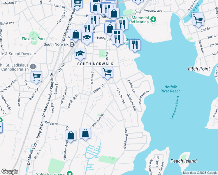 map of restaurants, bars, coffee shops, grocery stores, and more near 62 Woodward Avenue in Norwalk