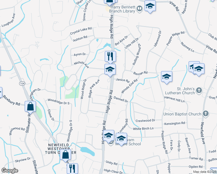map of restaurants, bars, coffee shops, grocery stores, and more near 572 High Ridge Road in Stamford