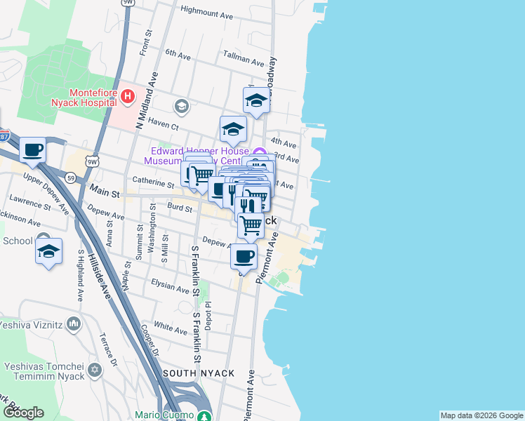 map of restaurants, bars, coffee shops, grocery stores, and more near in Nyack
