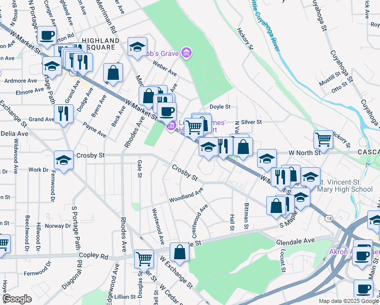 map of restaurants, bars, coffee shops, grocery stores, and more near 23 Oakdale Avenue in Akron