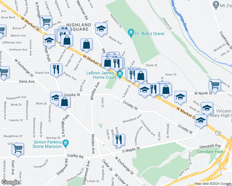 map of restaurants, bars, coffee shops, grocery stores, and more near 529 Crosby Street in Akron
