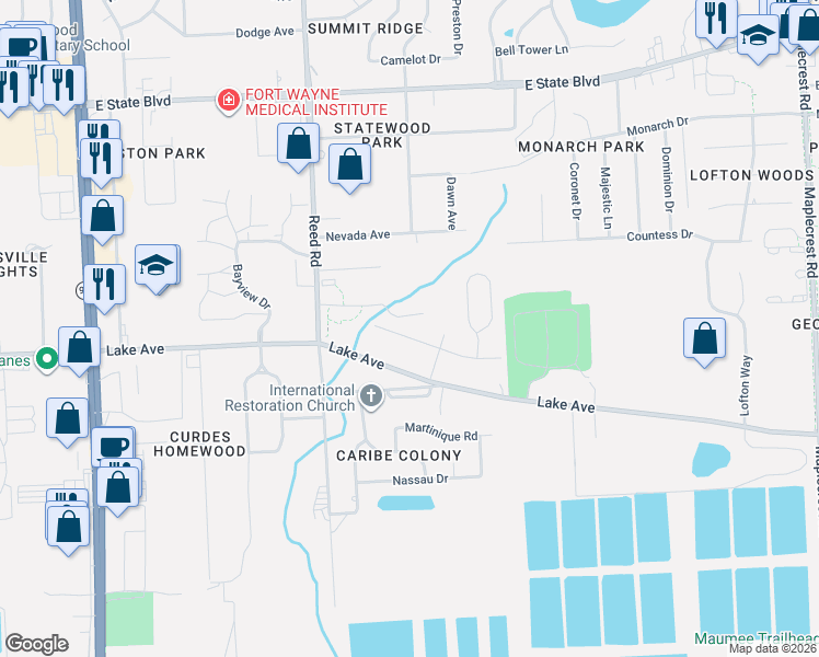 map of restaurants, bars, coffee shops, grocery stores, and more near 5005 Vermont Lane in Fort Wayne