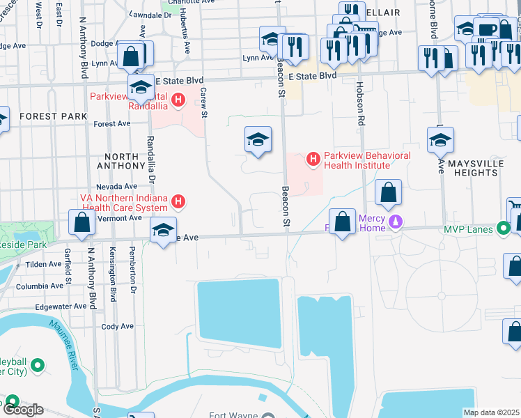 map of restaurants, bars, coffee shops, grocery stores, and more near 1501-1791 Beacon Street in Fort Wayne