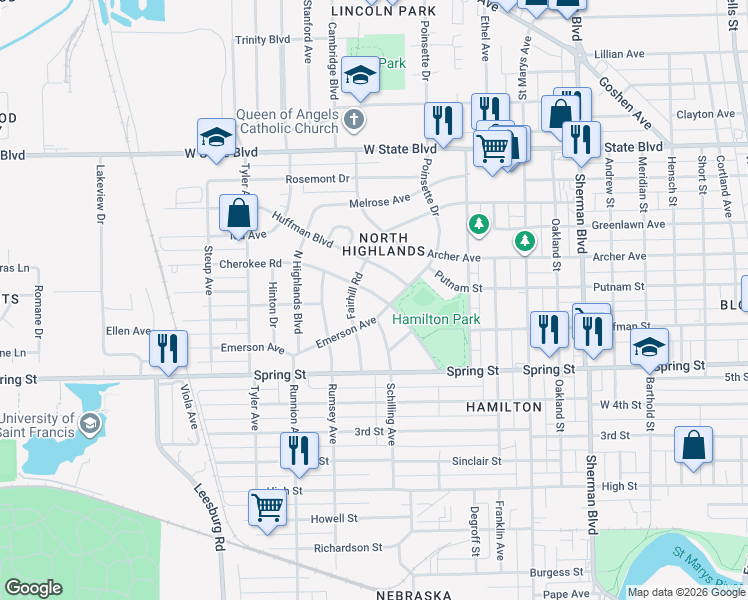 map of restaurants, bars, coffee shops, grocery stores, and more near 1607 Cherokee Road in Fort Wayne