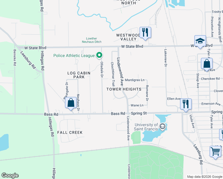 map of restaurants, bars, coffee shops, grocery stores, and more near 1725 Chochtimar Trail in Fort Wayne
