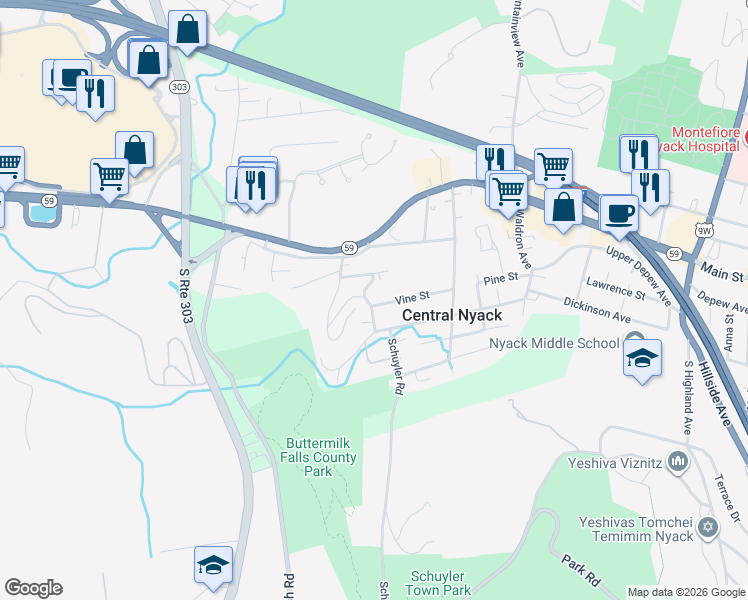 map of restaurants, bars, coffee shops, grocery stores, and more near 36 Vine Street in Nyack