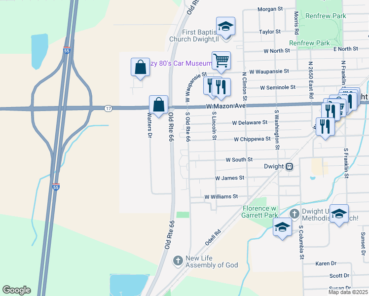 map of restaurants, bars, coffee shops, grocery stores, and more near 305 South Old Route 66 in Dwight