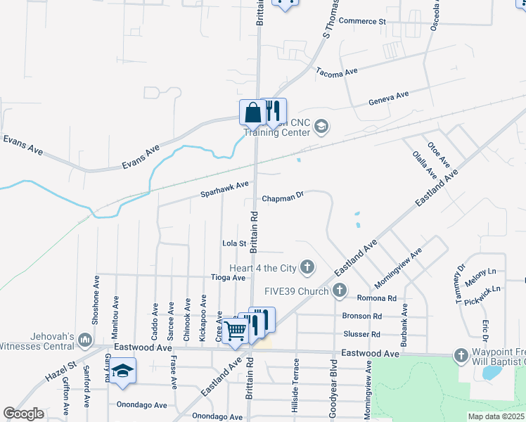 map of restaurants, bars, coffee shops, grocery stores, and more near 1049 Brittain Road in Akron