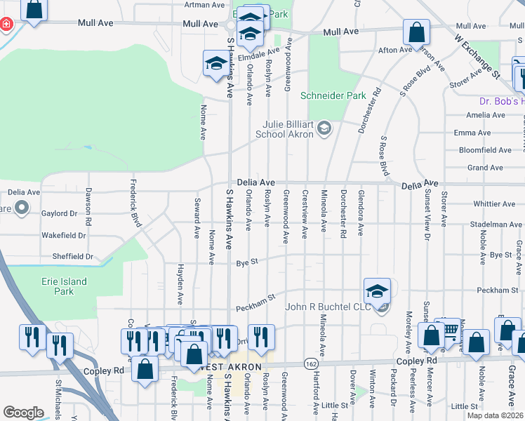 map of restaurants, bars, coffee shops, grocery stores, and more near 631 Roslyn Avenue in Akron