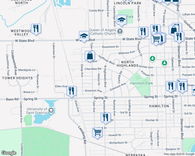 map of restaurants, bars, coffee shops, grocery stores, and more near 1826 Clover Lane in Fort Wayne