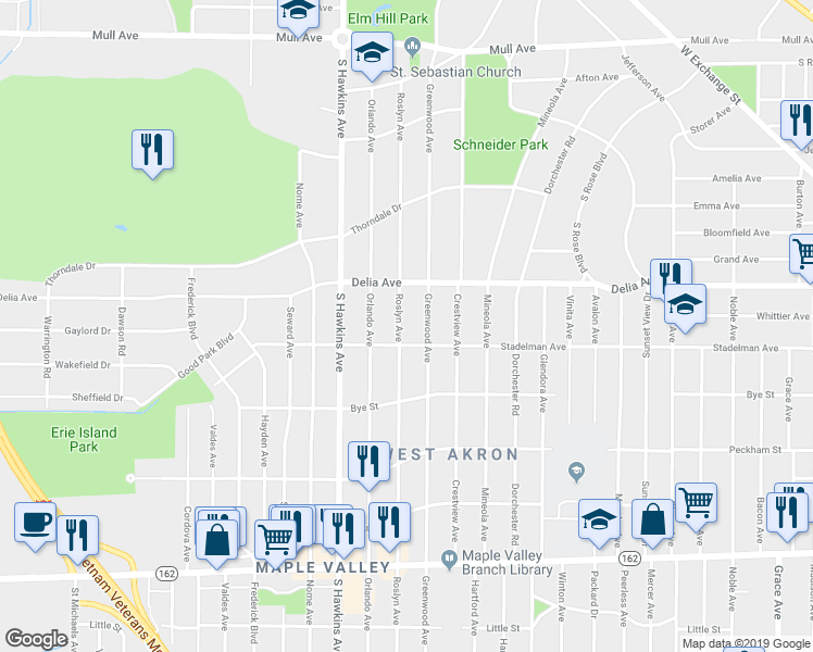 map of restaurants, bars, coffee shops, grocery stores, and more near 631 Roslyn Avenue in Akron