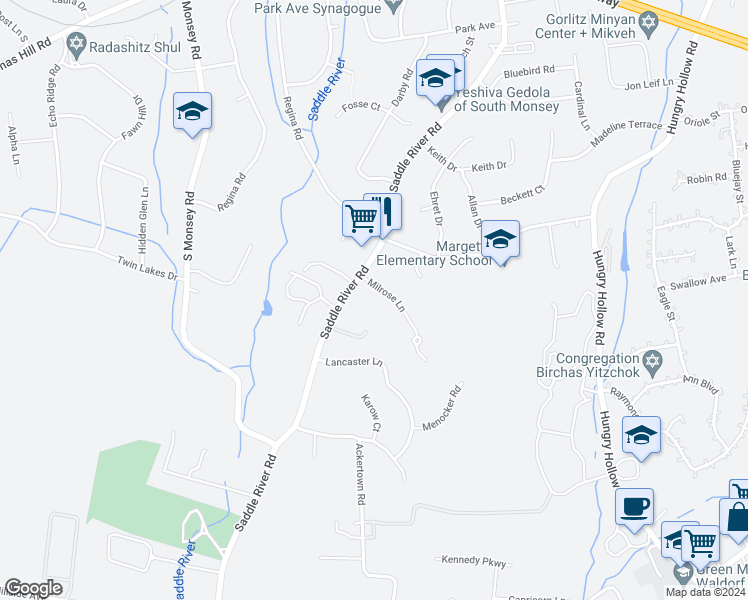 map of restaurants, bars, coffee shops, grocery stores, and more near 5 Milrose Lane in Monsey