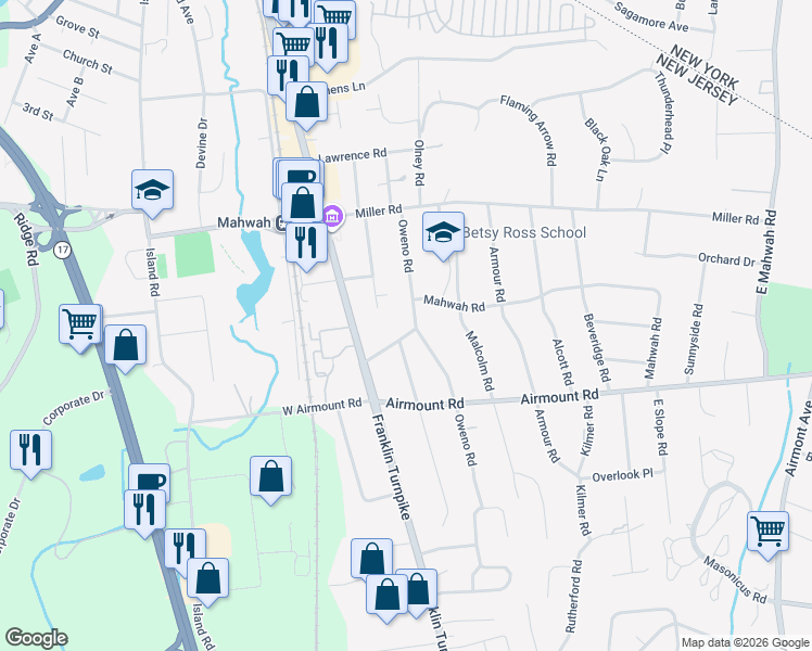 map of restaurants, bars, coffee shops, grocery stores, and more near 115 South Mahwah Road in Mahwah