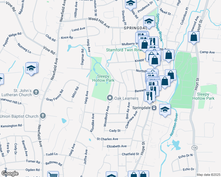 map of restaurants, bars, coffee shops, grocery stores, and more near 162 Woodbury Avenue in Stamford