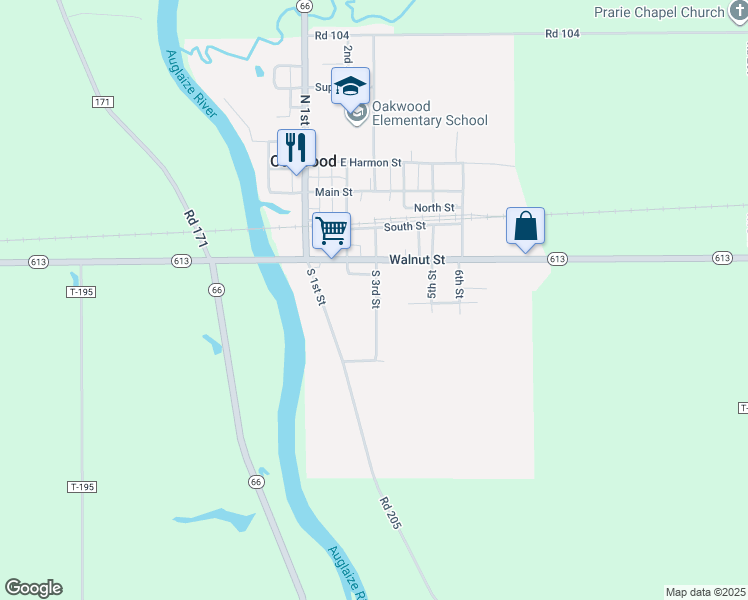 map of restaurants, bars, coffee shops, grocery stores, and more near 108 South 3rd Street in Oakwood
