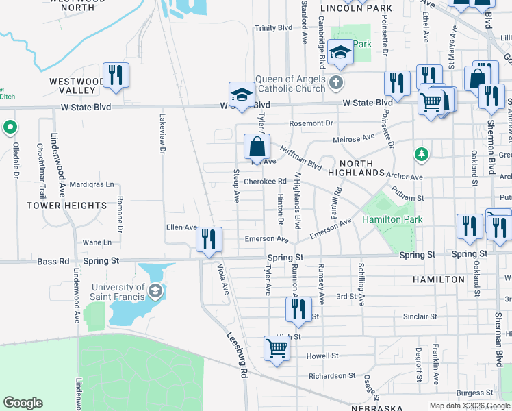 map of restaurants, bars, coffee shops, grocery stores, and more near 1911 Emma Avenue in Fort Wayne