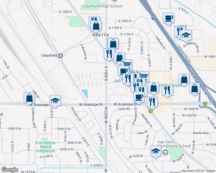 map of restaurants, bars, coffee shops, grocery stores, and more near 1583 South 1000 East in Clearfield
