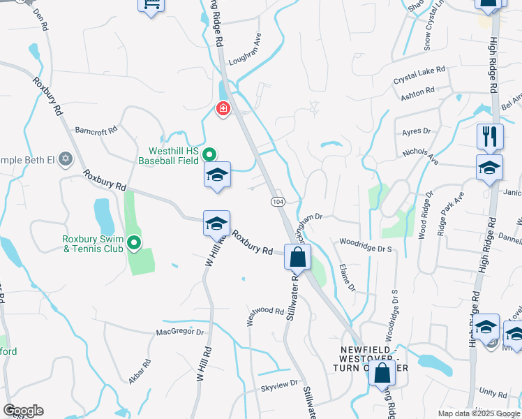 map of restaurants, bars, coffee shops, grocery stores, and more near 59 Roxbury Road in Stamford