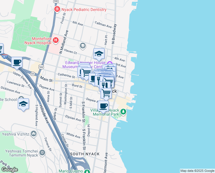map of restaurants, bars, coffee shops, grocery stores, and more near 2 North Broadway in Nyack