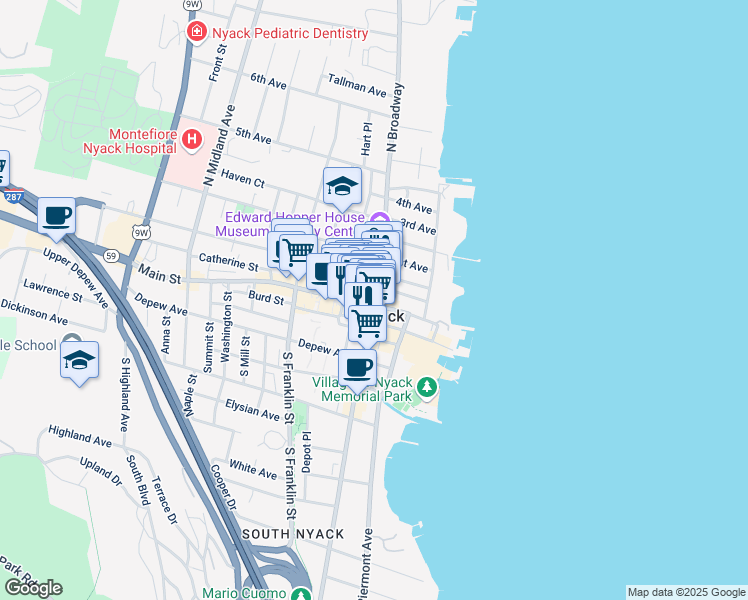 map of restaurants, bars, coffee shops, grocery stores, and more near 2 N Broadway Ave in Nyack