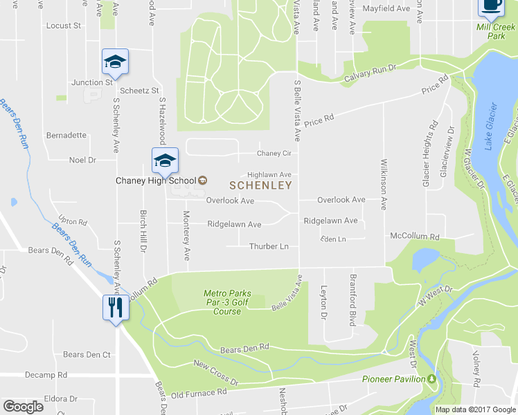 map of restaurants, bars, coffee shops, grocery stores, and more near 1953 Overlook Avenue in Youngstown