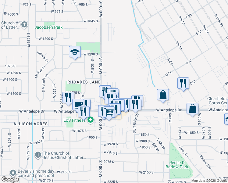 map of restaurants, bars, coffee shops, grocery stores, and more near 1547 South 900 West in Clearfield