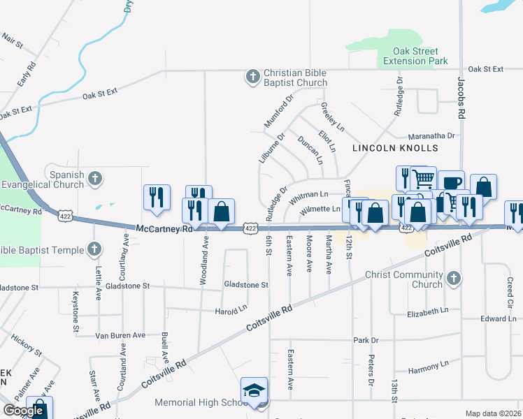 map of restaurants, bars, coffee shops, grocery stores, and more near 38 Lilburne Drive in Youngstown