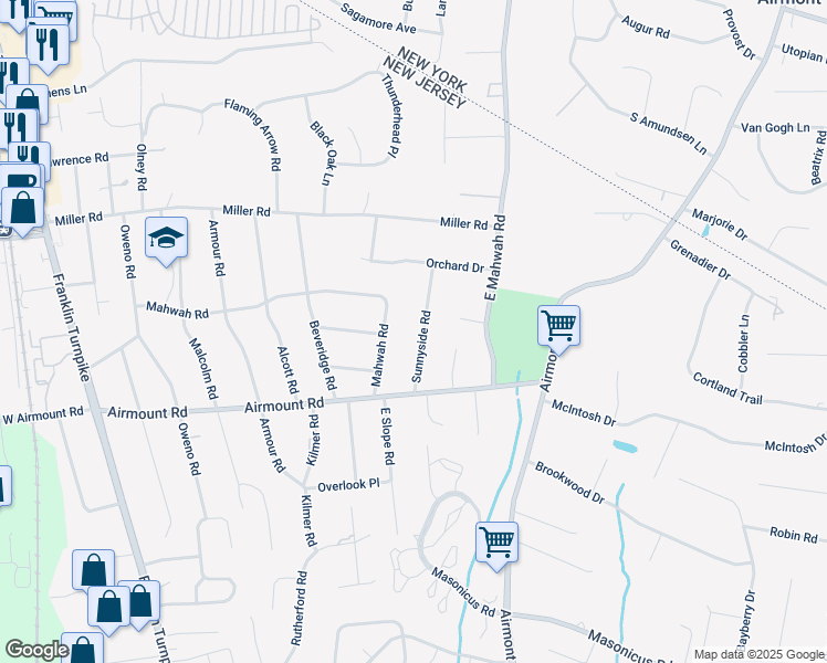 map of restaurants, bars, coffee shops, grocery stores, and more near 52 Sunnyside Road in Mahwah