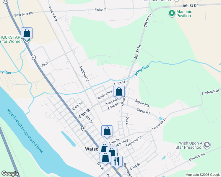 map of restaurants, bars, coffee shops, grocery stores, and more near 218 East 9th Street in Watsontown