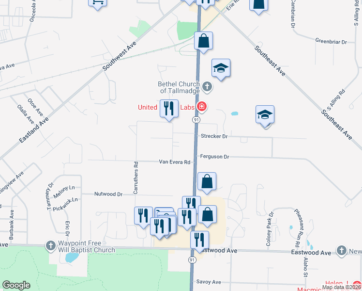 map of restaurants, bars, coffee shops, grocery stores, and more near 357 Jones Road in Tallmadge