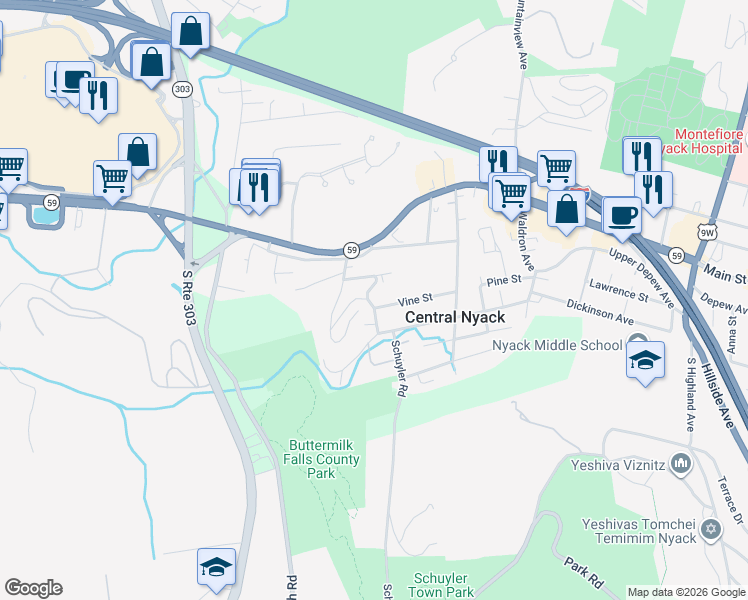 map of restaurants, bars, coffee shops, grocery stores, and more near 36 Vine Street in Nyack