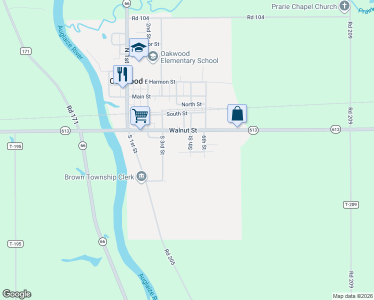 map of restaurants, bars, coffee shops, grocery stores, and more near 501 Burt Street in Oakwood