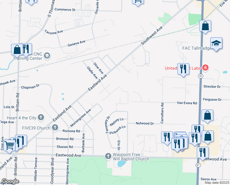map of restaurants, bars, coffee shops, grocery stores, and more near 1141 Morningview Avenue in Akron