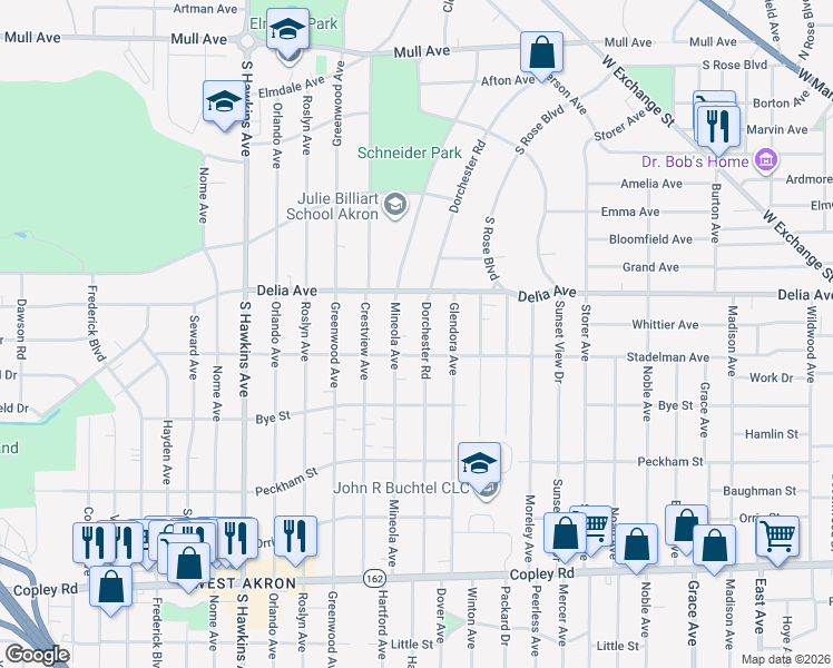 map of restaurants, bars, coffee shops, grocery stores, and more near 478 Dorchester Road in Akron
