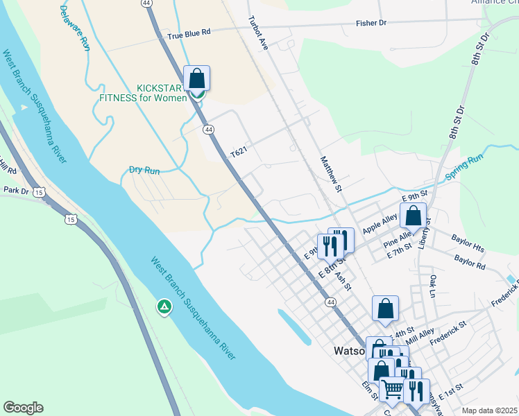 map of restaurants, bars, coffee shops, grocery stores, and more near 1100 Main Street in Watsontown