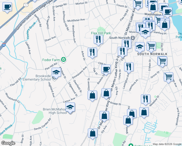map of restaurants, bars, coffee shops, grocery stores, and more near 9 Talmadge Place in Norwalk