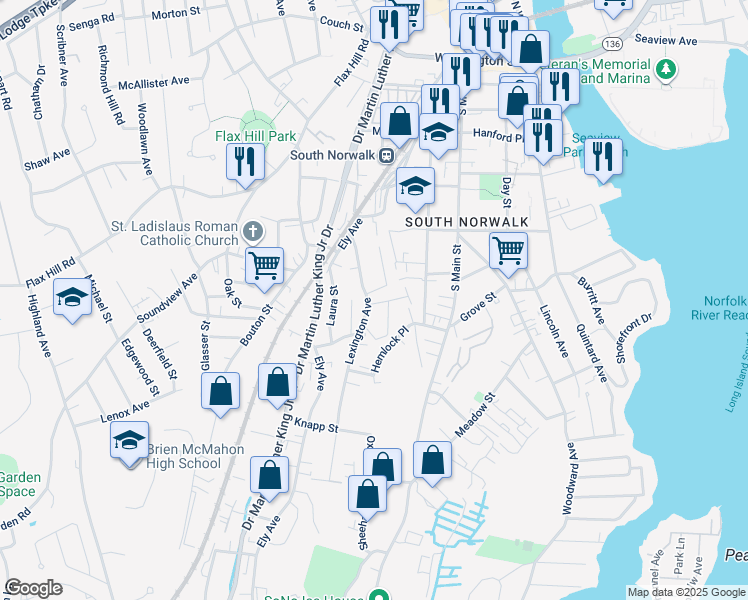 map of restaurants, bars, coffee shops, grocery stores, and more near 7 Olean Street in Norwalk