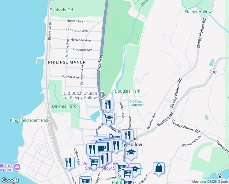 map of restaurants, bars, coffee shops, grocery stores, and more near 48 Dell Street in Sleepy Hollow