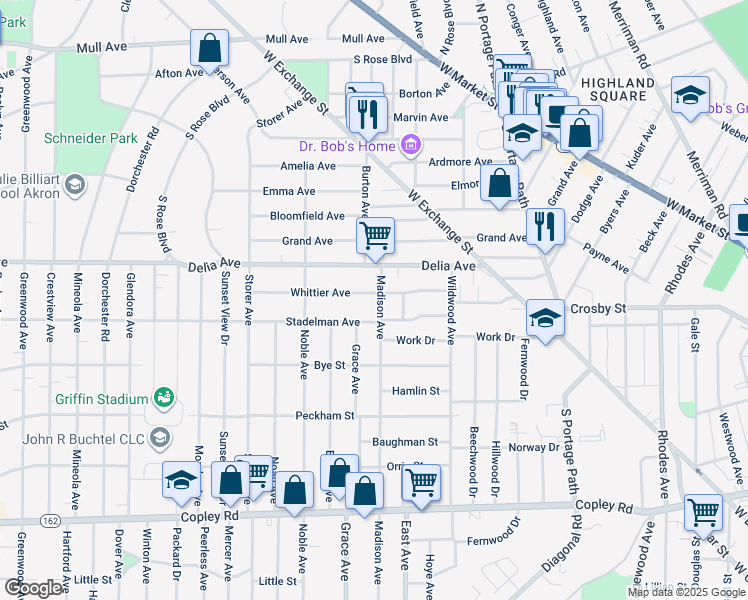 map of restaurants, bars, coffee shops, grocery stores, and more near 257 Madison Avenue in Akron