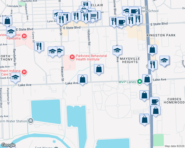 map of restaurants, bars, coffee shops, grocery stores, and more near 1602 Hobson Road in Fort Wayne