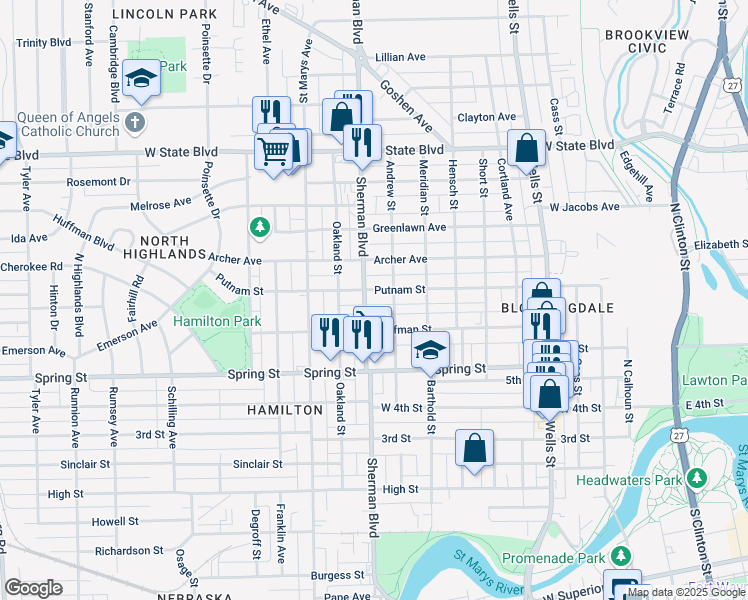 map of restaurants, bars, coffee shops, grocery stores, and more near 1724 Lincoln Highway in Fort Wayne