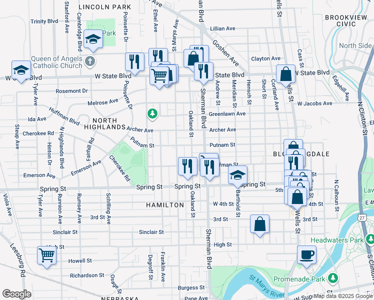 map of restaurants, bars, coffee shops, grocery stores, and more near 1721 Oakland Street in Fort Wayne