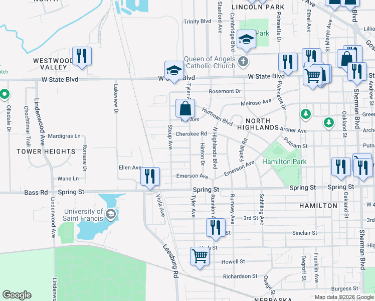 map of restaurants, bars, coffee shops, grocery stores, and more near 1911 Emma Avenue in Fort Wayne