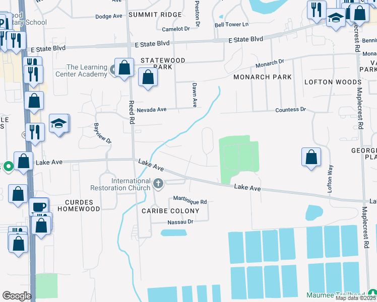 map of restaurants, bars, coffee shops, grocery stores, and more near 1515 Lakehurst Drive in Fort Wayne