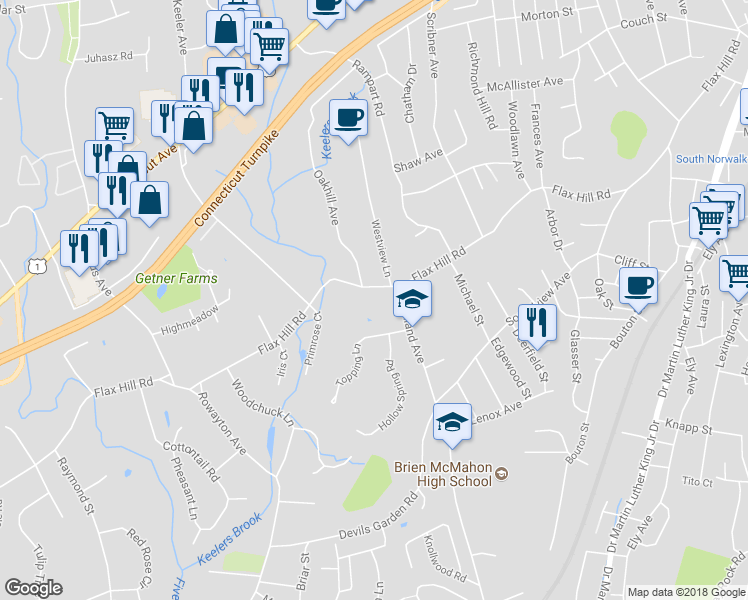 map of restaurants, bars, coffee shops, grocery stores, and more near 384 Flax Hill Road in Norwalk