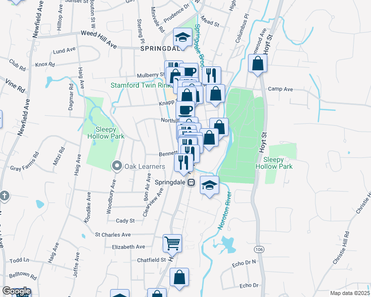 map of restaurants, bars, coffee shops, grocery stores, and more near 942 Hope Street in Stamford