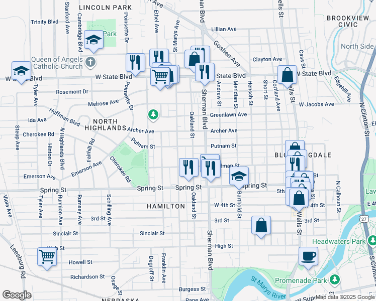 map of restaurants, bars, coffee shops, grocery stores, and more near 1721 Oakland Street in Fort Wayne