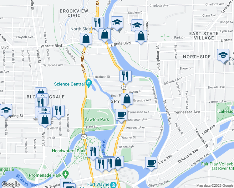 map of restaurants, bars, coffee shops, grocery stores, and more near 449 Ruth Street in Fort Wayne
