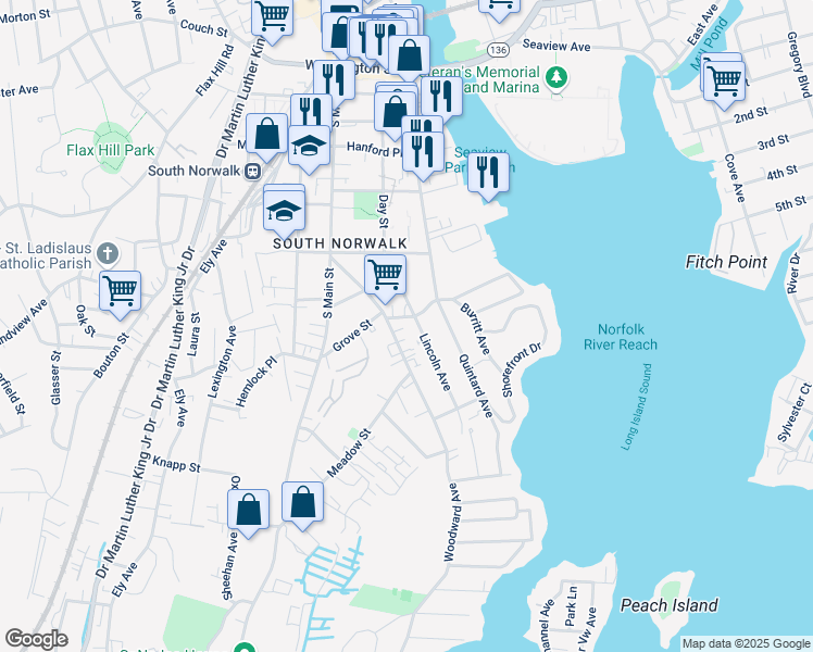 map of restaurants, bars, coffee shops, grocery stores, and more near 2 Burritt Avenue in Norwalk