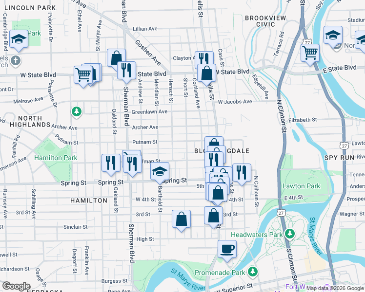 map of restaurants, bars, coffee shops, grocery stores, and more near 609 Putnam Street in Fort Wayne